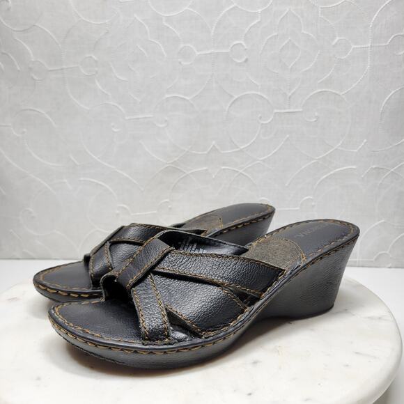 Merona Leather Wedge Sandals Womens 8 Black Stitching Slip on Mules Slides Y2k - Picture 2 of 15